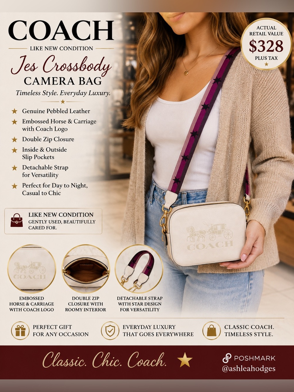 Coach Cream Jes Crossbody Camera Bag with Burgundy Star-Print Strap